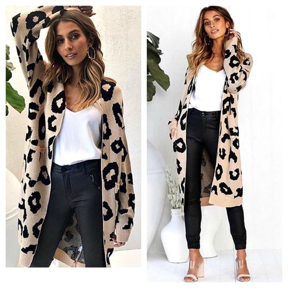 Sweaters - Open Front Leopard Print Cardigan Sweaters - Open Front Leopard Print Cardigan